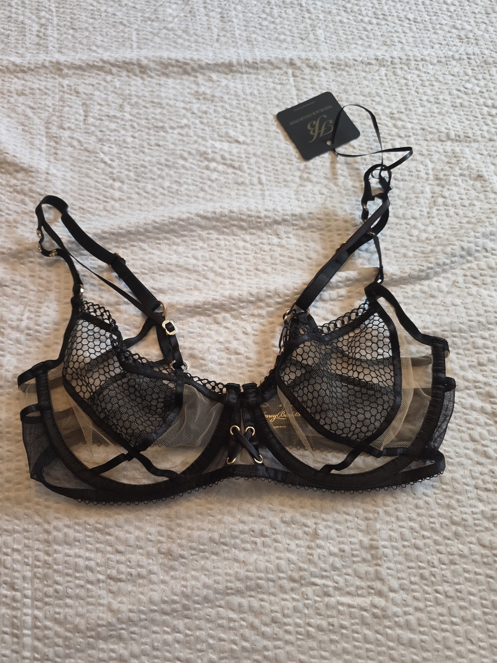 Honey Birdette Black Sheer Lace Cage Bra 32 DDD Nwt